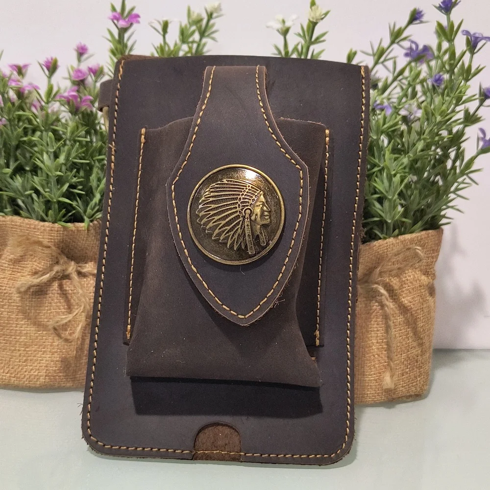 Fashion genuine leather cowhide men's West hanging bag phone pouch for hiking